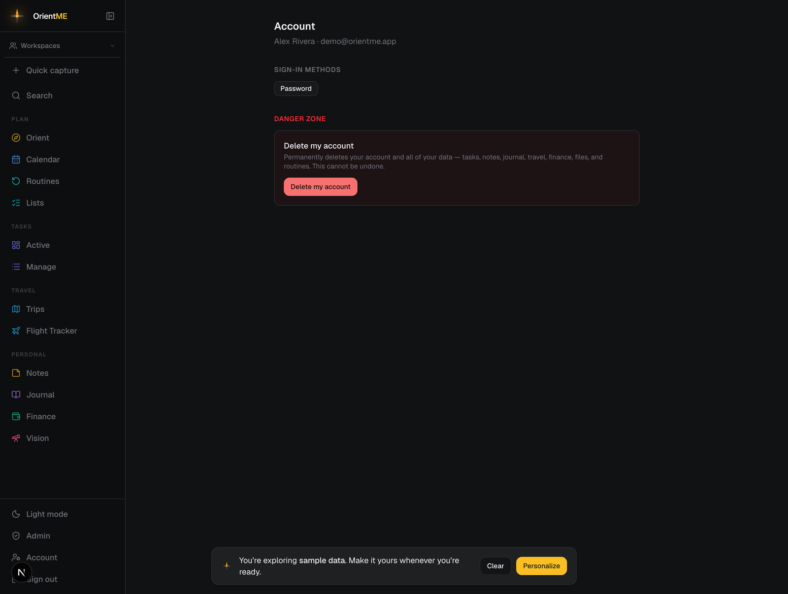Account page showing sign-in method chips and the danger zone