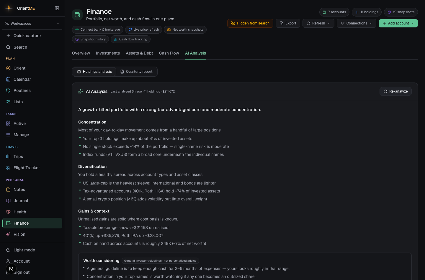 The AI Analysis tab showing a generated holdings overview and disclaimer