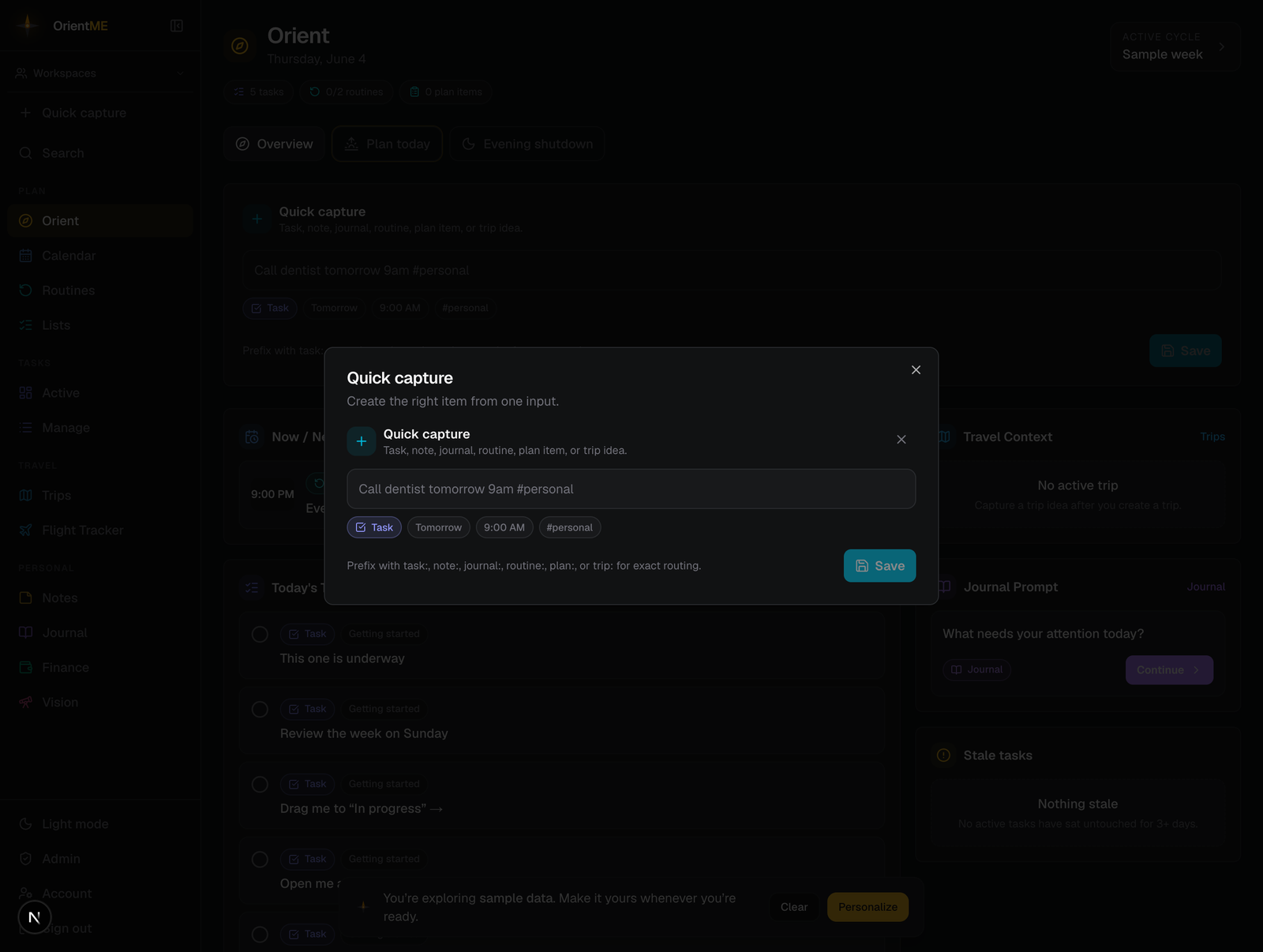 Quick capture dialog with a sentence typed and the live preview chips