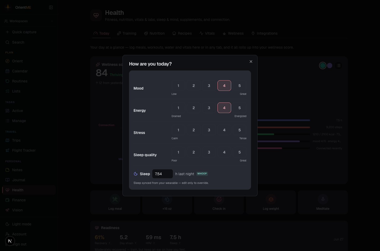 The daily check-in with mood, energy, stress, sleep quality and sleep hours