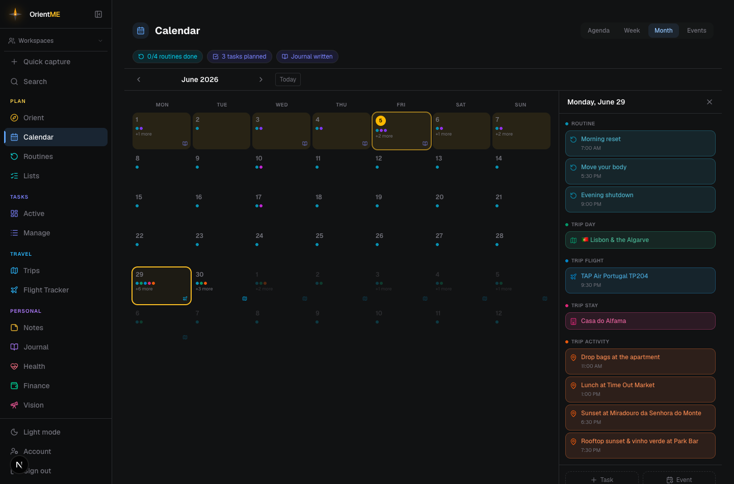 The Month view with a day drawer of events grouped by source