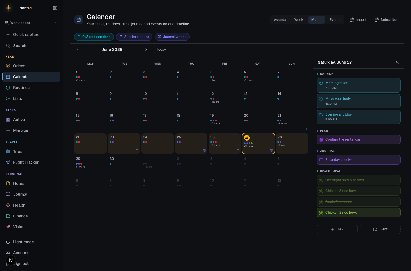 The Month view with a day drawer of events grouped by source