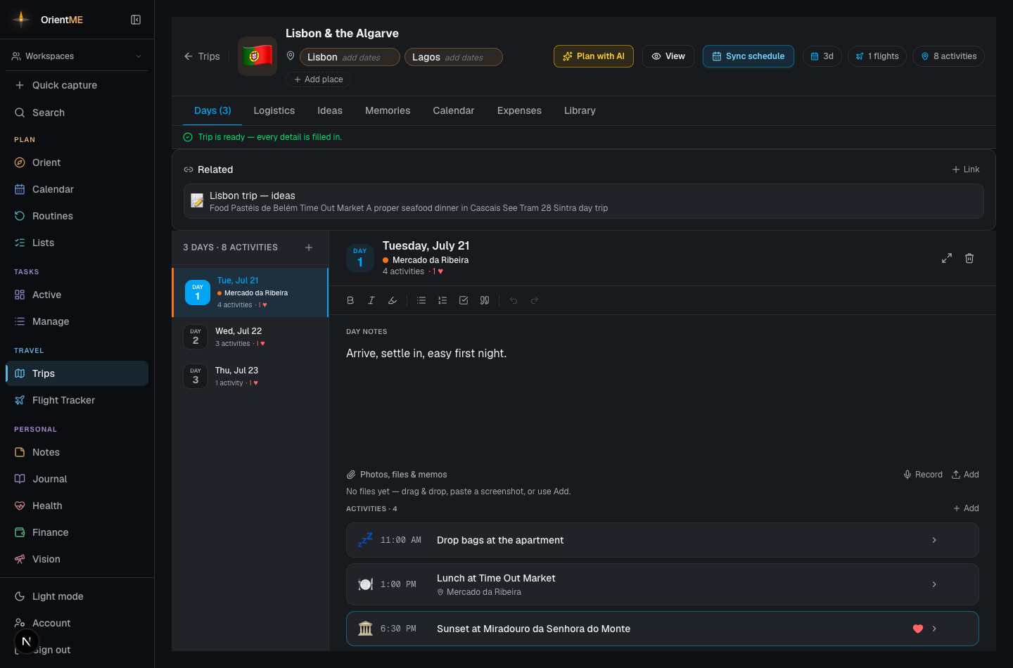 The Days tab — day list on the left with city color stripes, the day editor on the right with activities and day notes