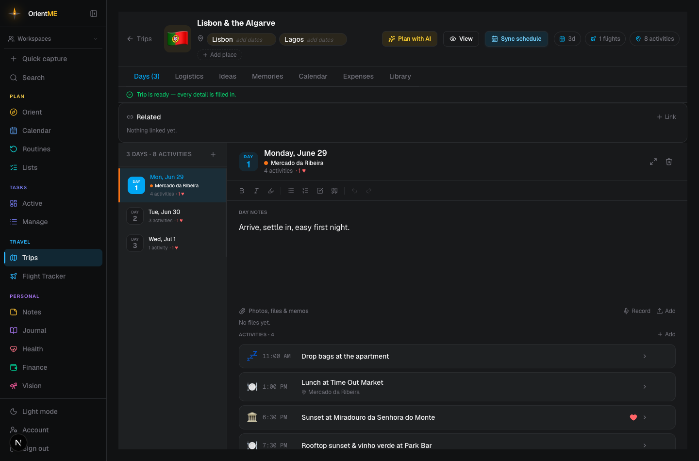 A trip detail page with the readiness banner and the tab bar