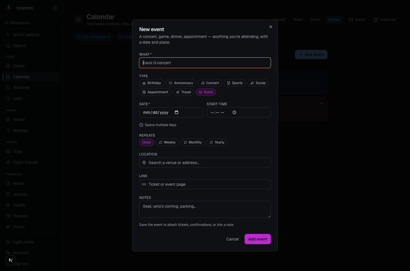 The New event form with Type chips and date, location, and link fields