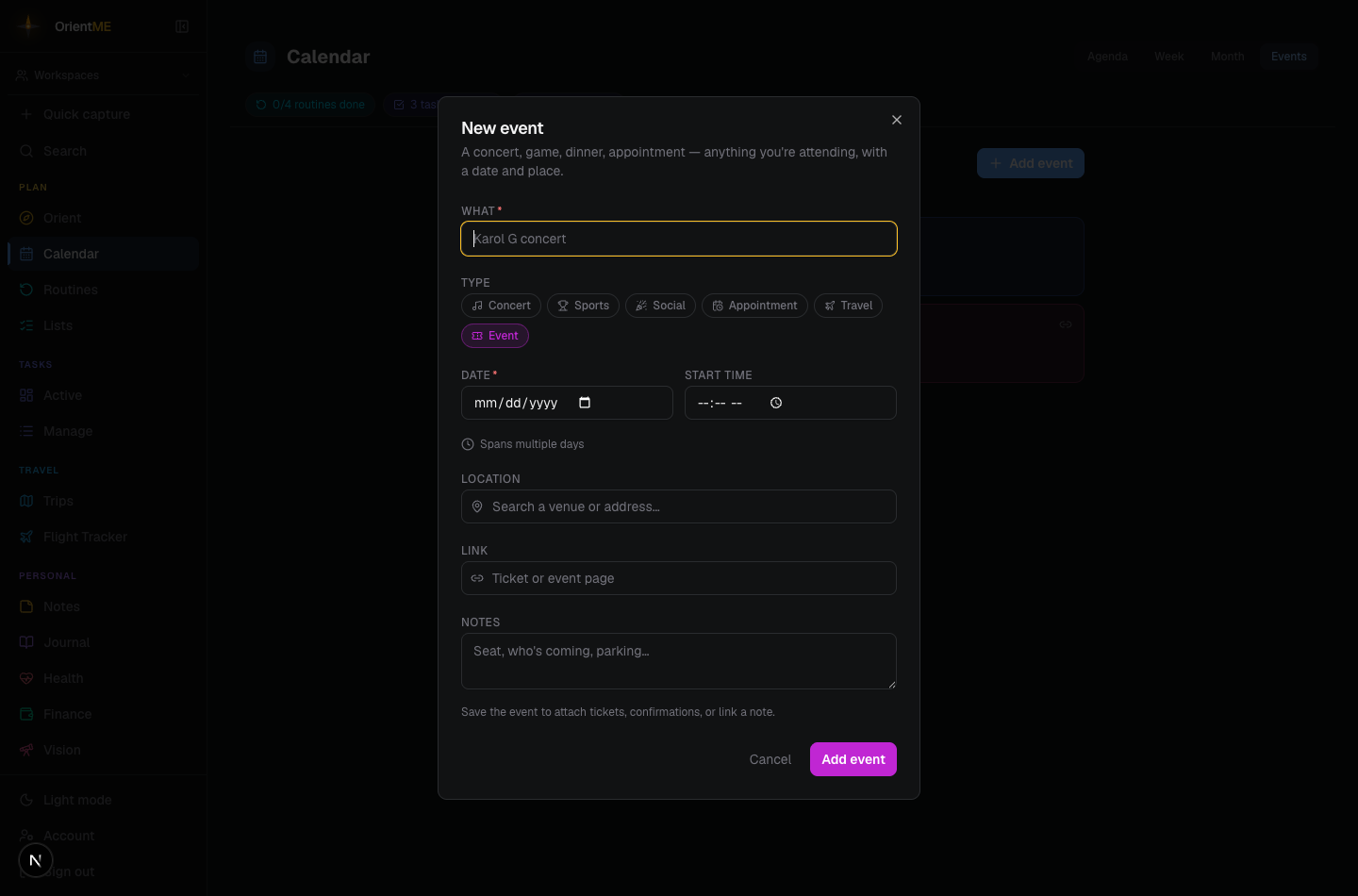The New event form with Type chips and date, location, and link fields