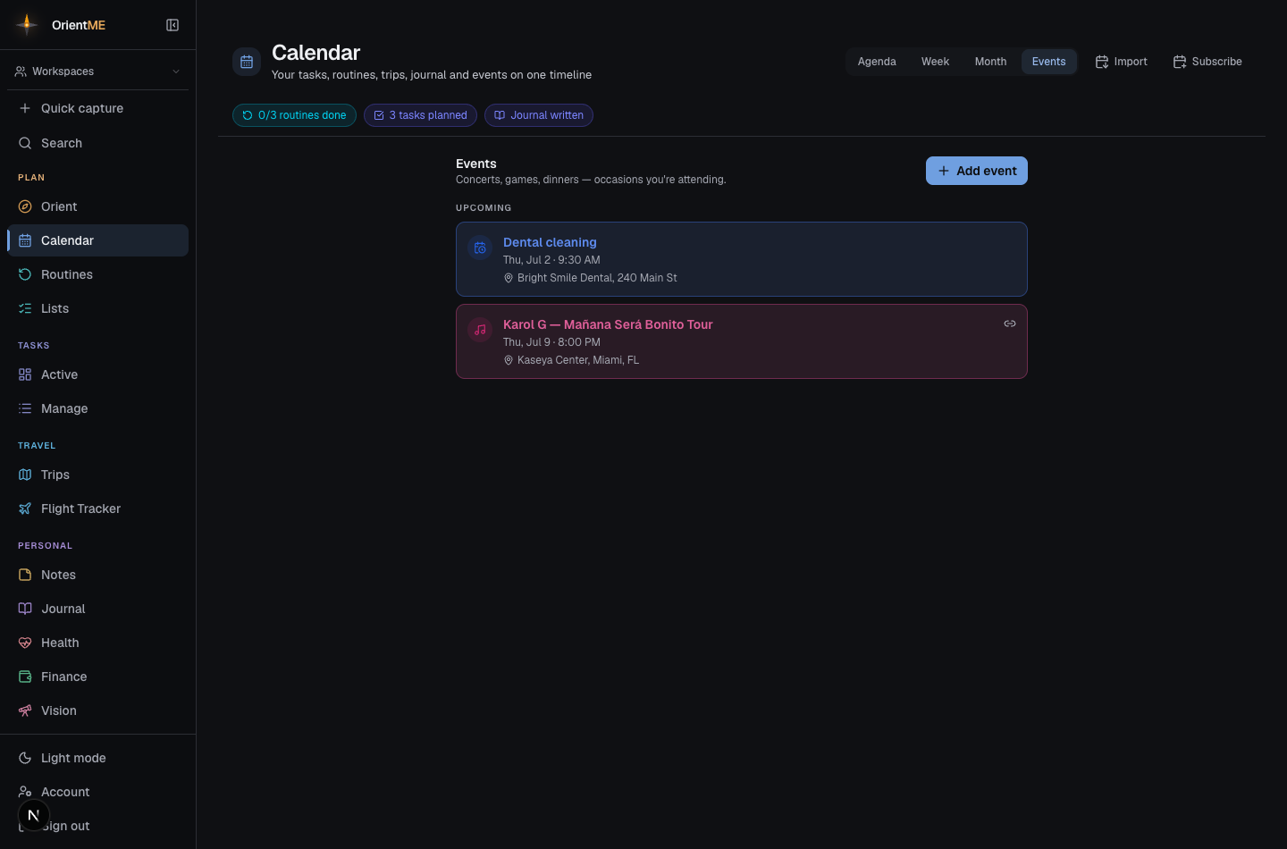 The Events tab showing upcoming occasions