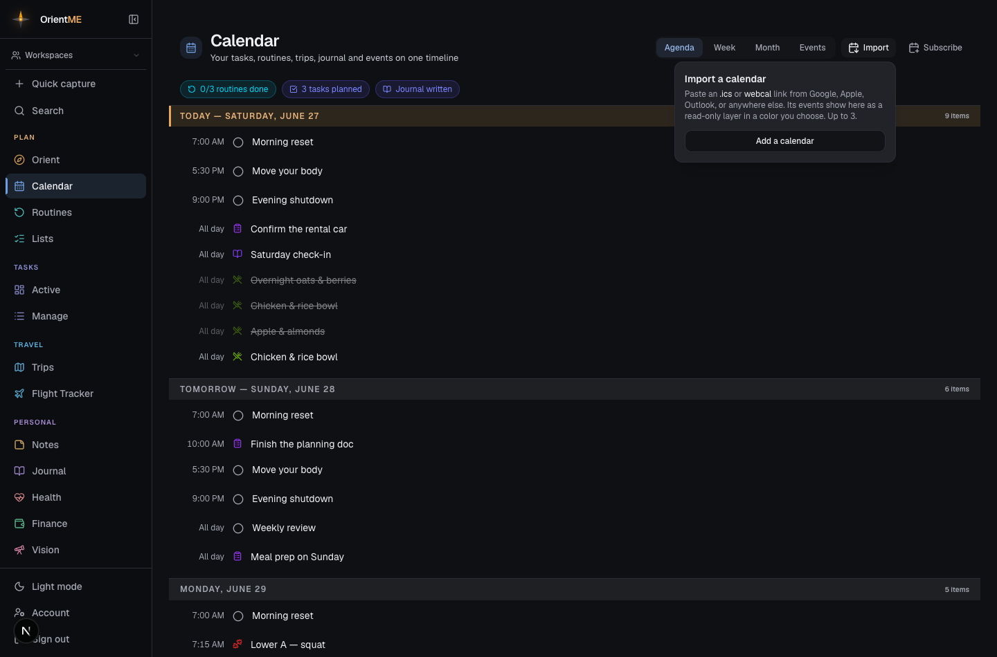 Account → Imported calendars with a feed added + color picker