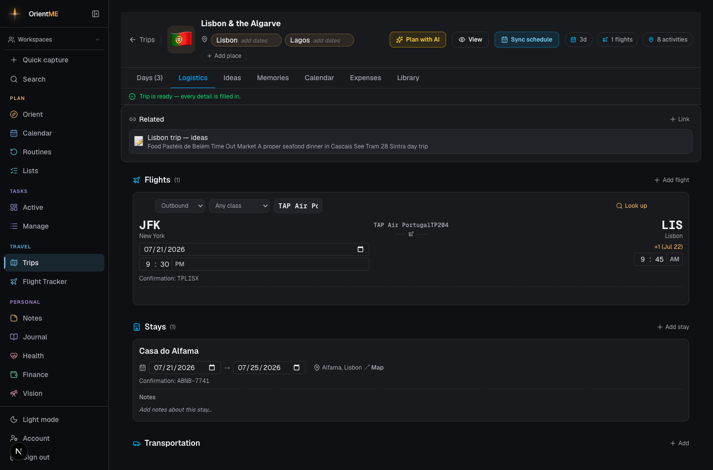 The Logistics tab showing a flight card and a stay card