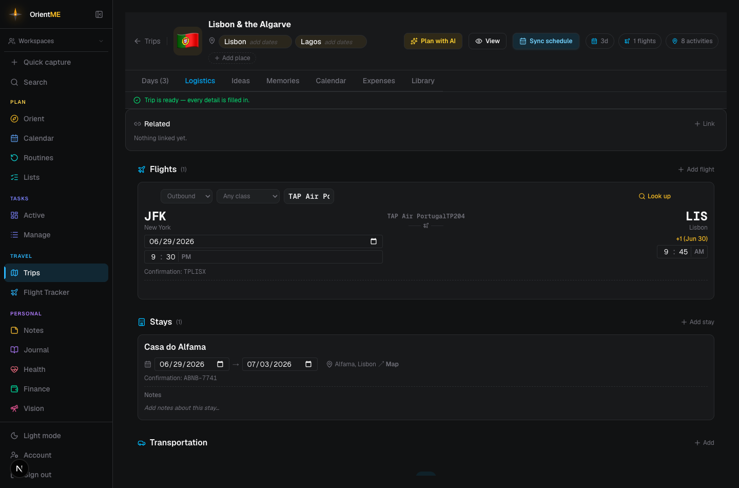 The Logistics tab showing a flight card and a stay card