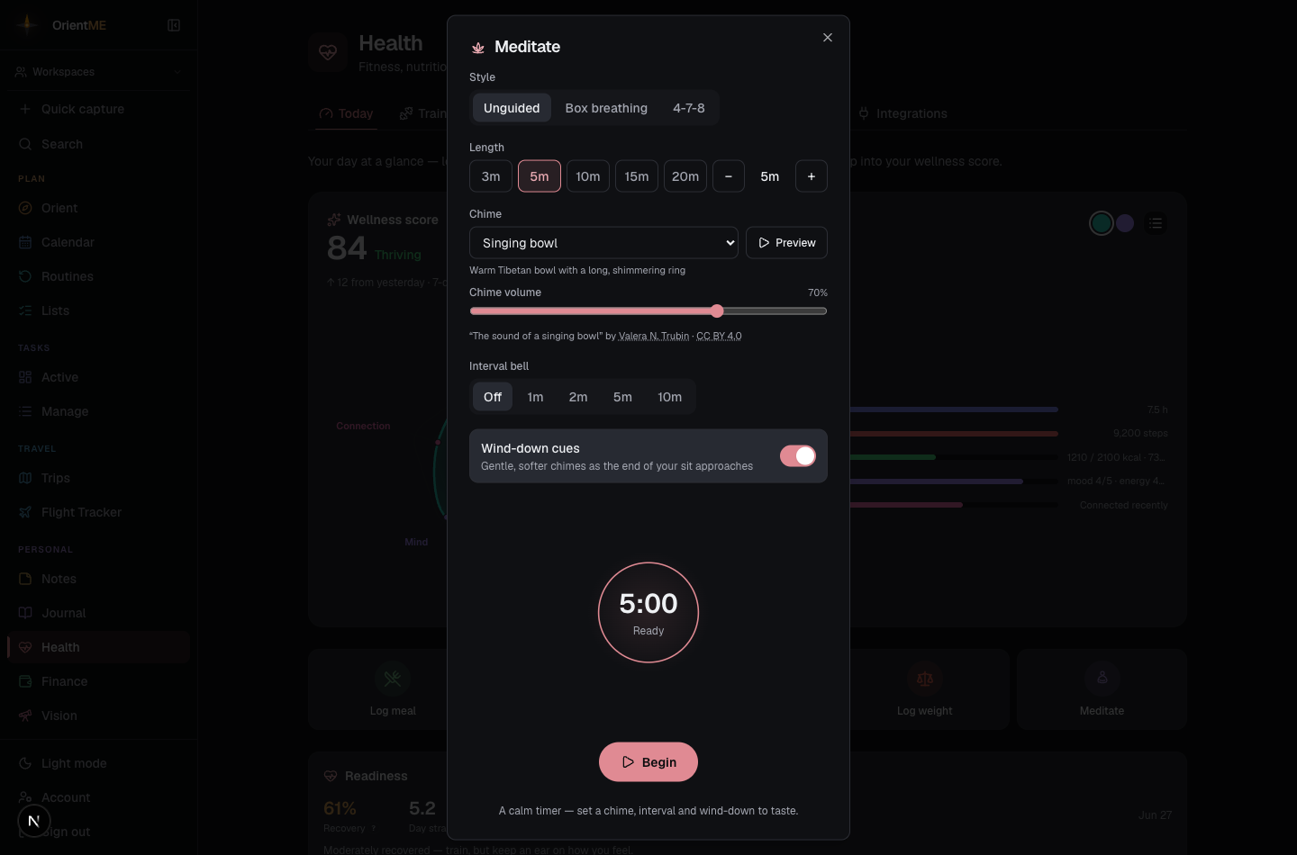 The meditation timer with the breathing circle, chime picker, interval-bell selector and ambient-sound controls