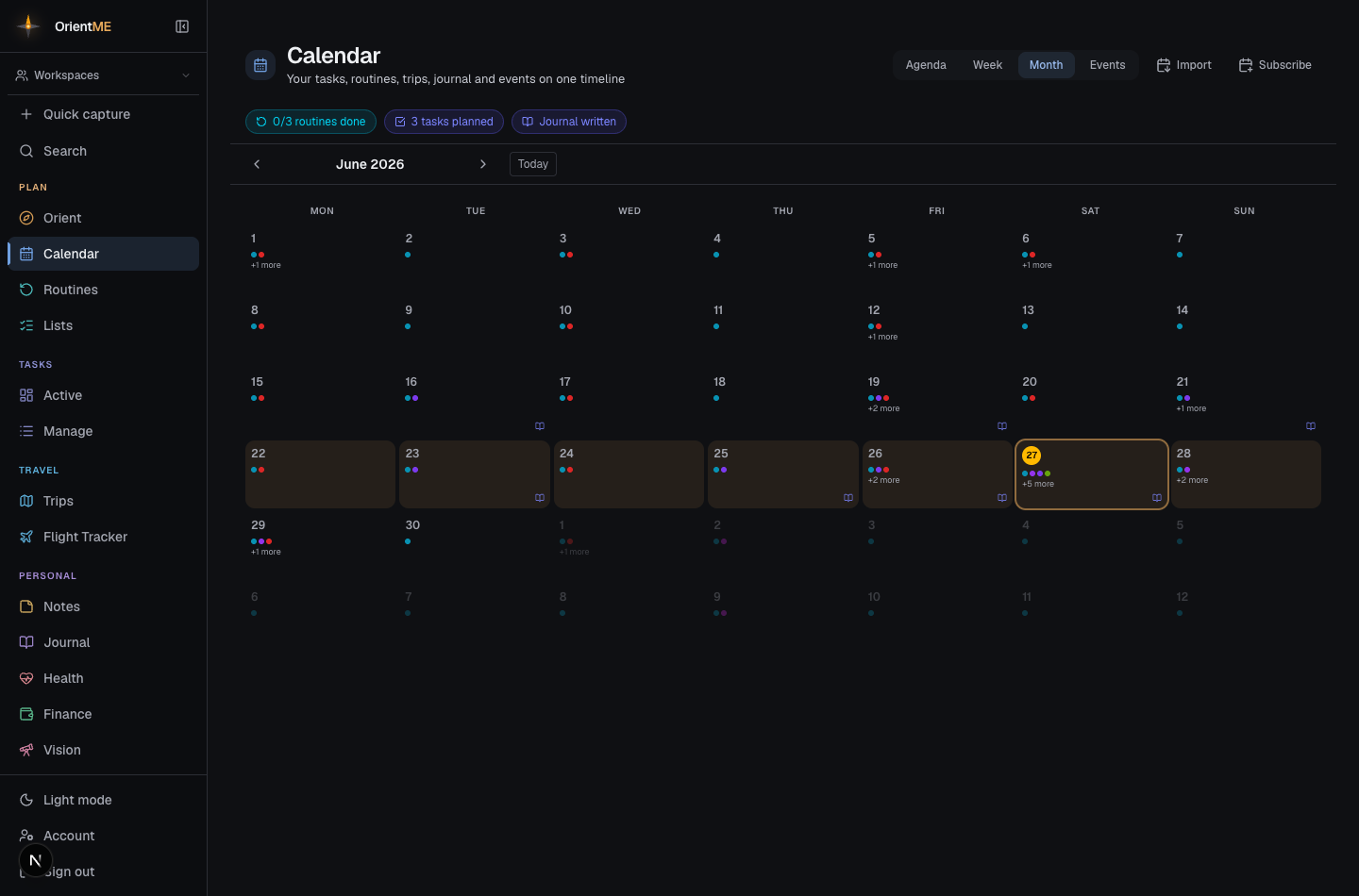 Calendar in month view with colored source dots and trip/journal icons