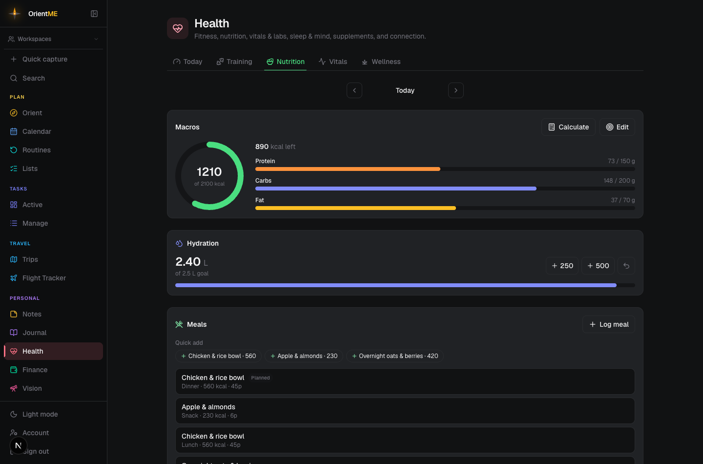 The Nutrition tab with macro rings and a logged day