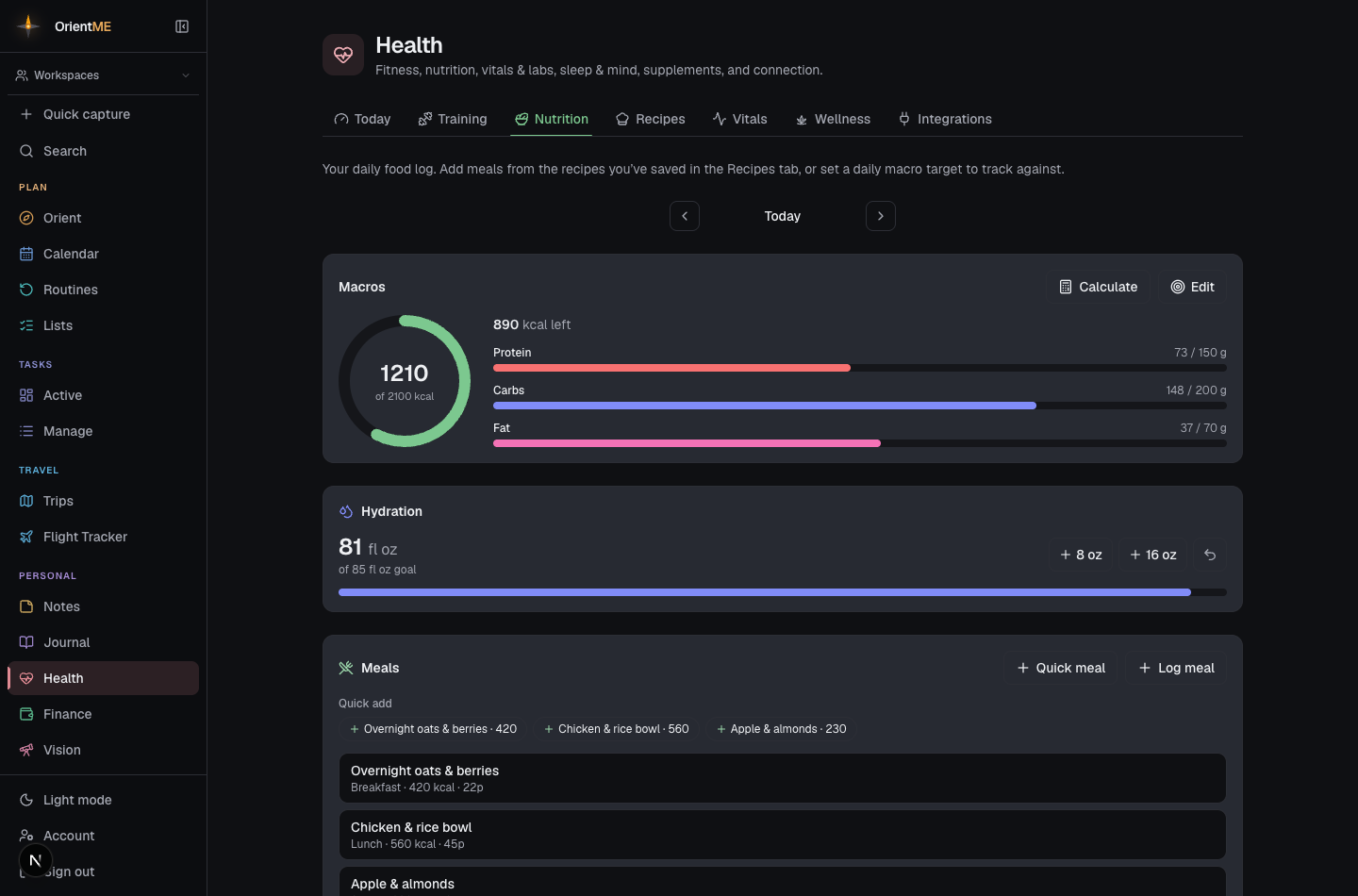The Nutrition tab with macro rings and a logged day