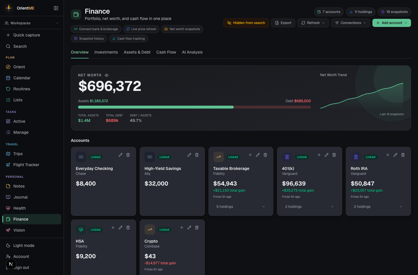 Finance overview — net worth banner, accounts, and holdings