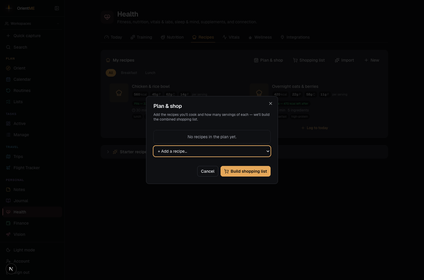 Plan & shop dialog from the Recipes tab — a couple of recipes added with servings steppers, "Build shopping list" button