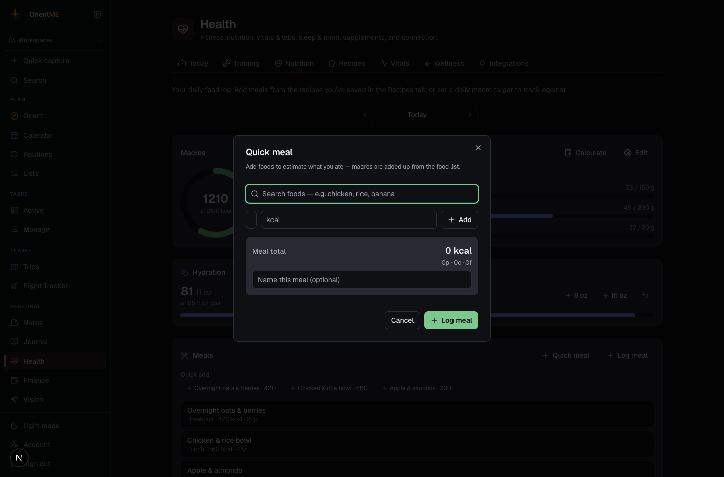 The Quick meal dialog — search the food list and the running meal total