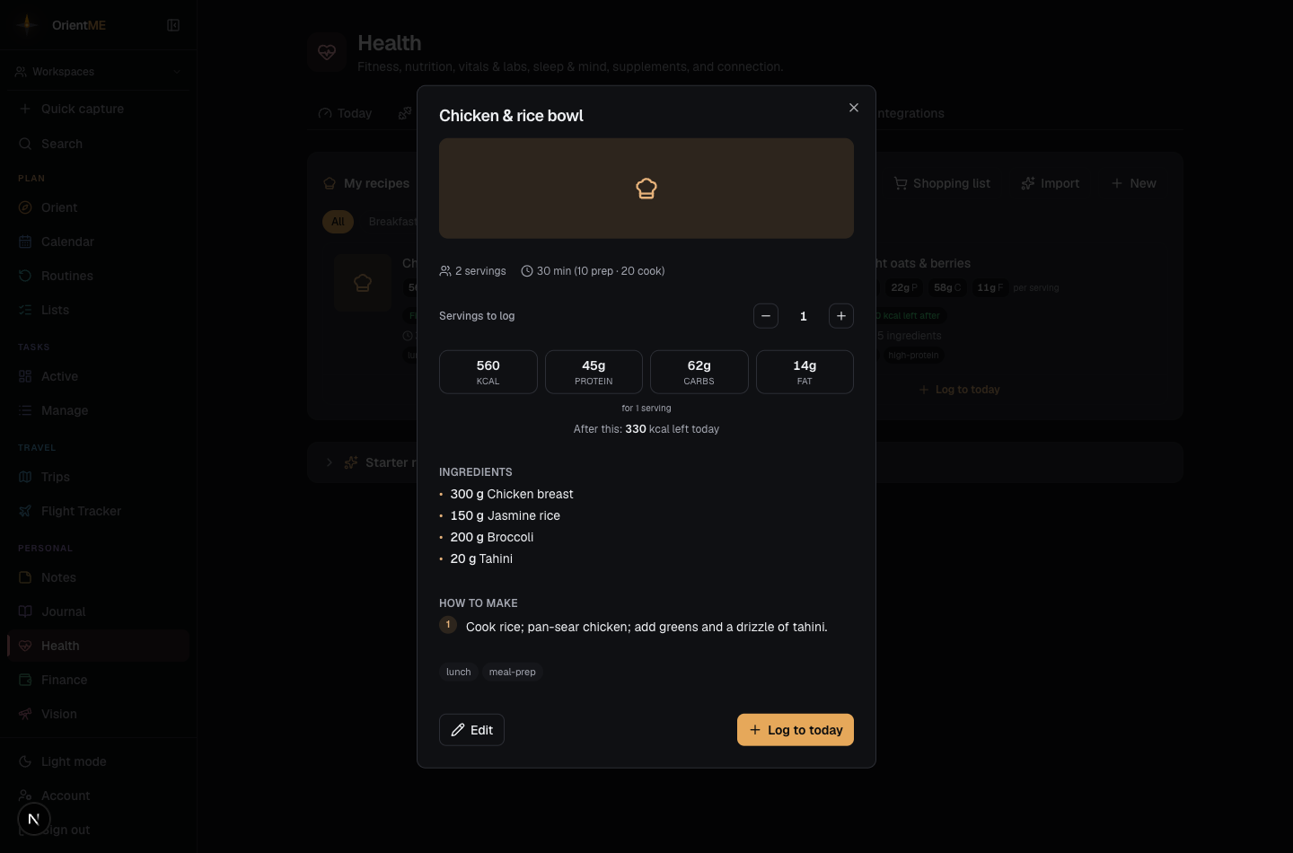 The read-only recipe detail with hero photo, macro tiles, full ingredient list and method