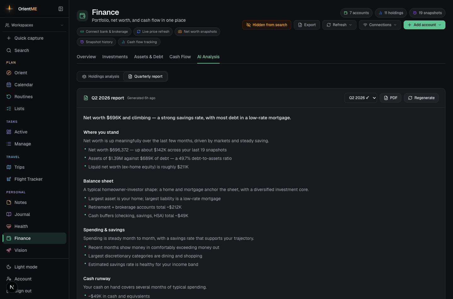 The AI Analysis tab set to Quarterly report, with the period picker and a generated quarterly brief
