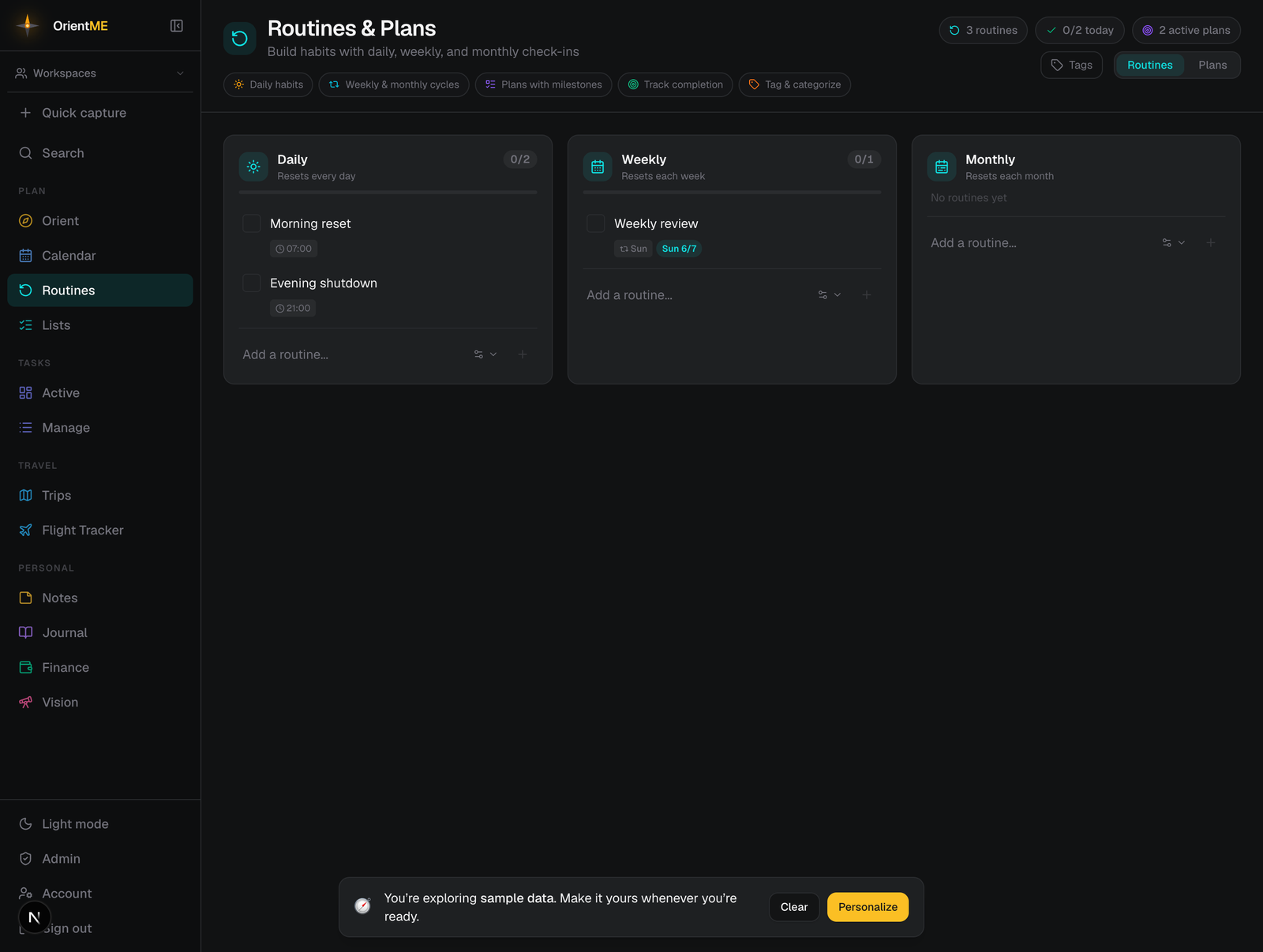 Routines tab with Daily / Weekly / Monthly cards