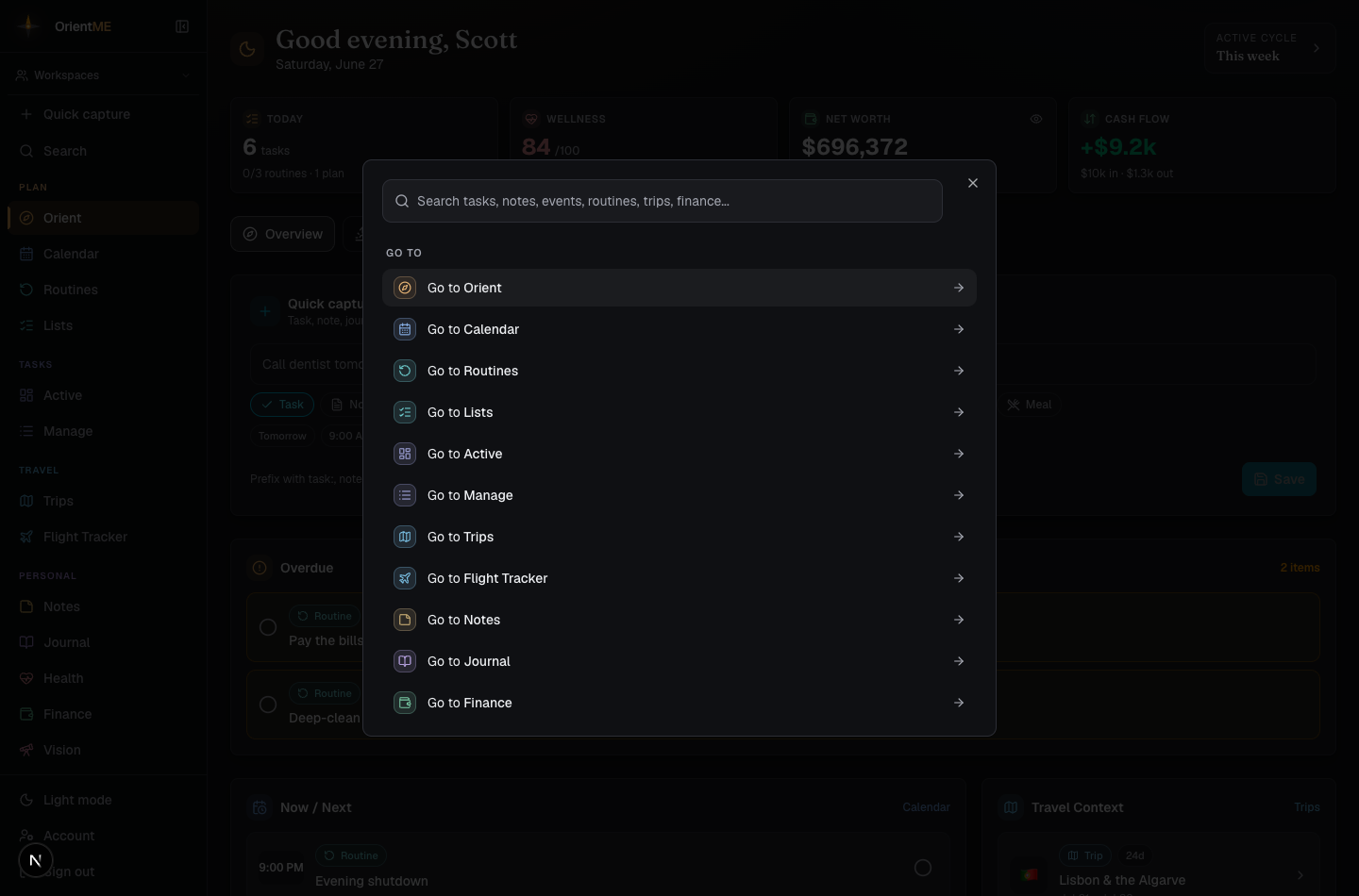 the Search palette (Cmd/Ctrl+K) showing a Recent section, Go to commands, and results grouped by type