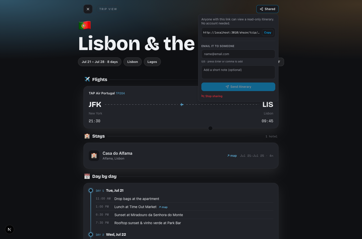 the Share popover open on a trip — the read-only link row with a Copy button, the "Email it to someone" composer (recipient chips + note fie
