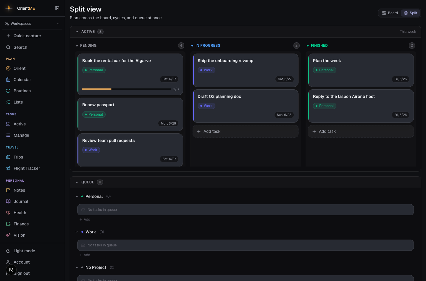 Split view — the active board, cycles, and queue side by side