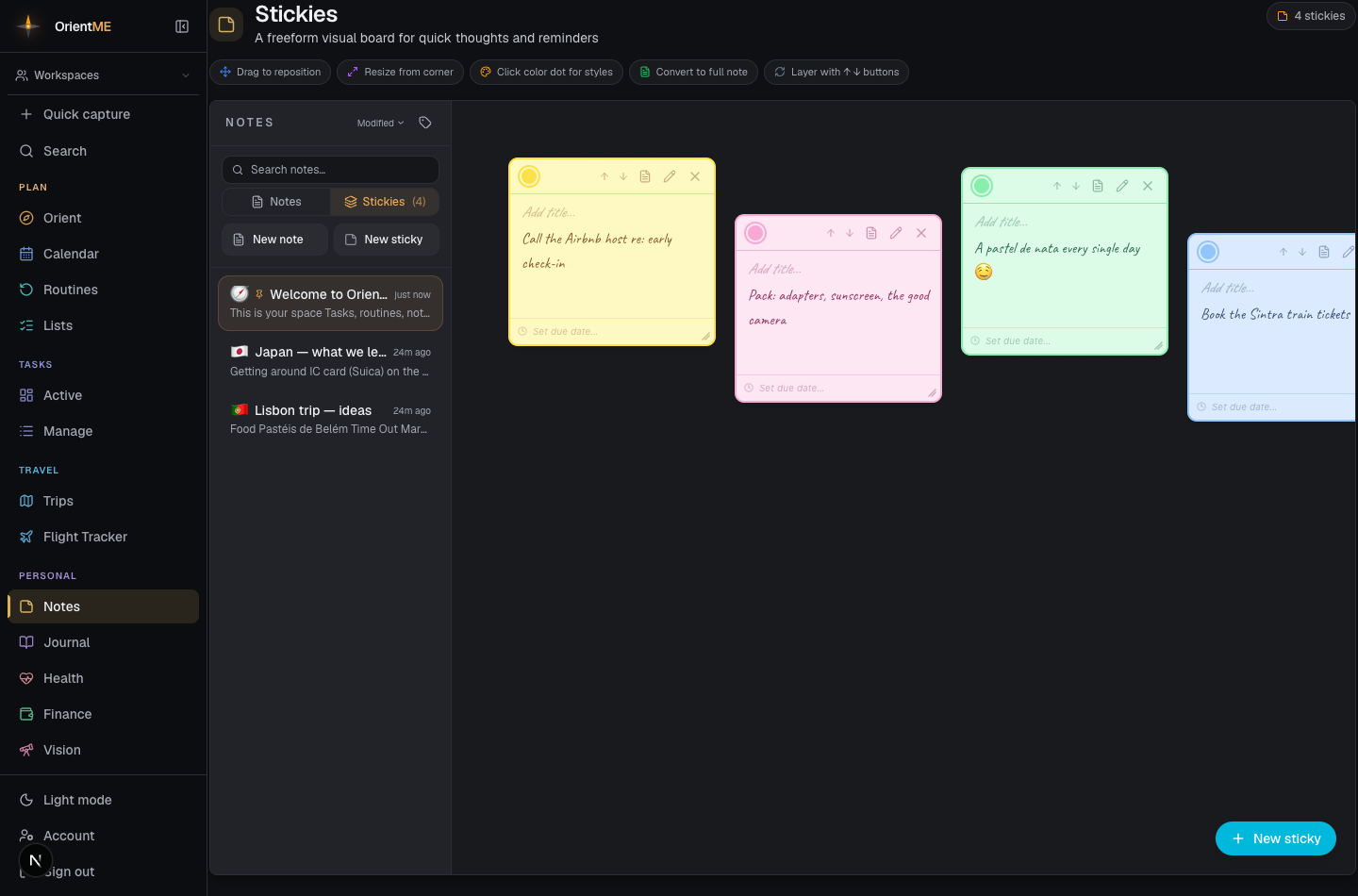 A wall of colored sticky notes on the freeform Stickies canvas