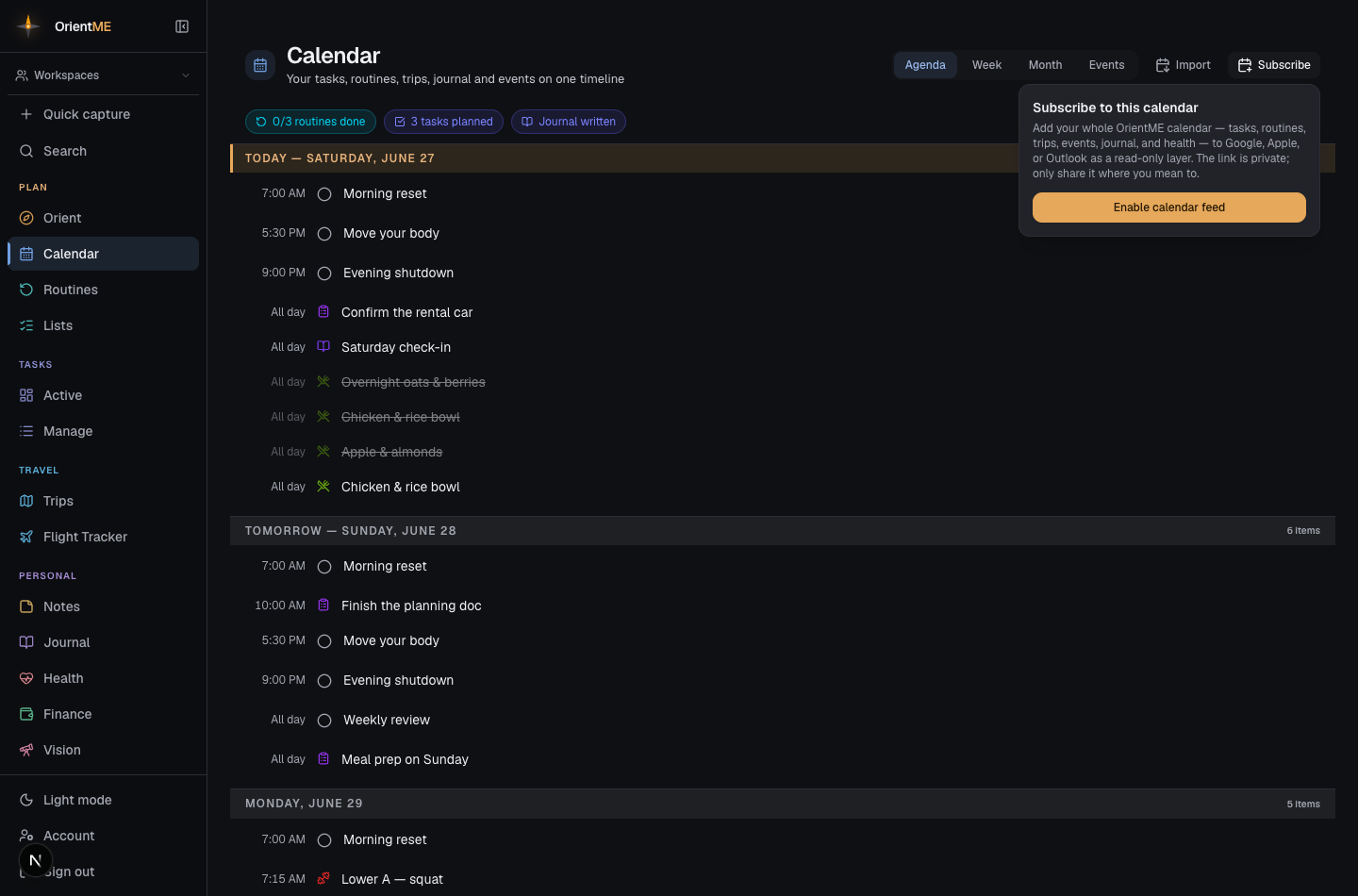 Account → Calendar subscription panel with the link + add buttons