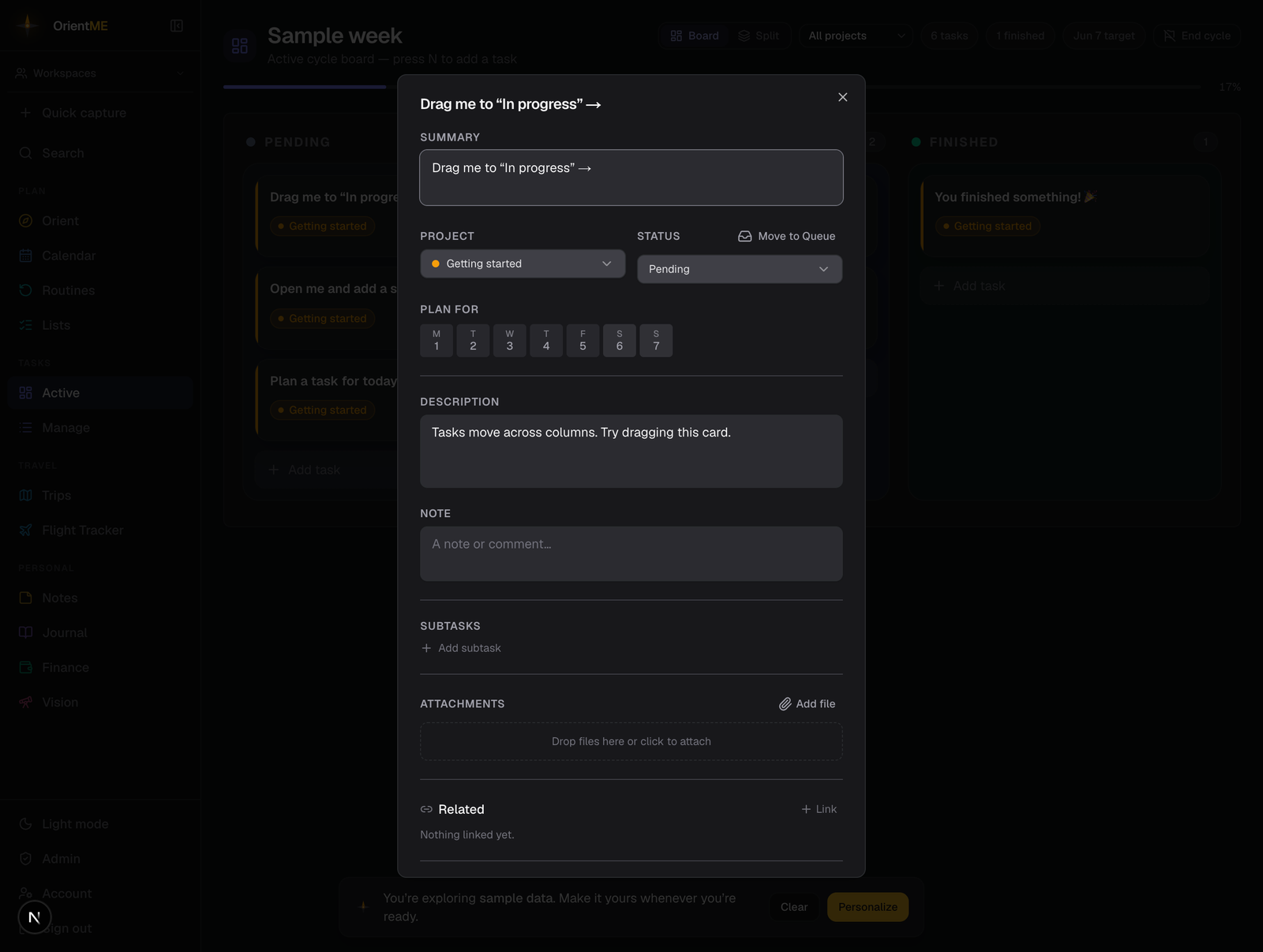 Task detail view showing description, subtasks, attachments, and Related