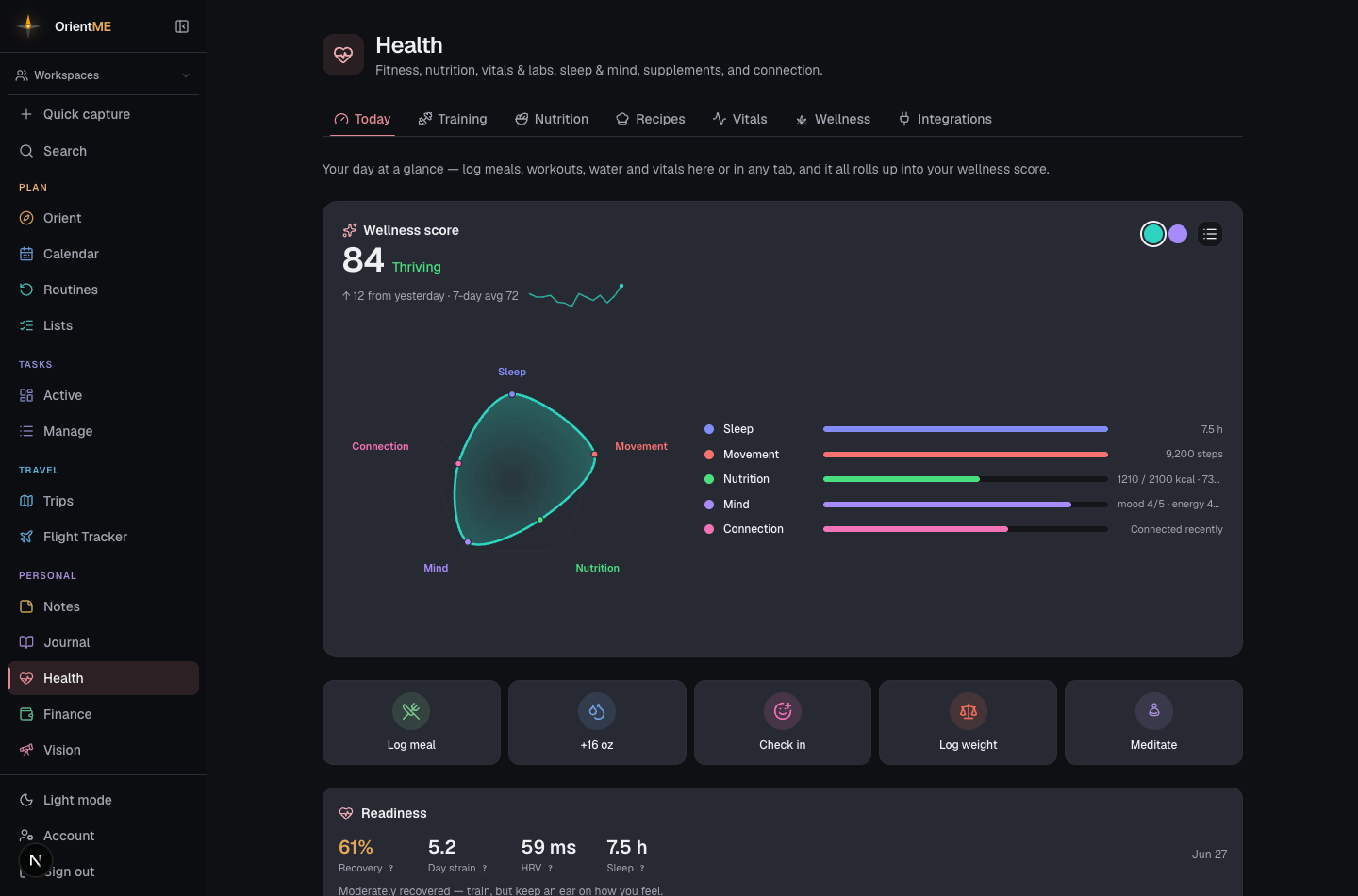 The Health Today tab with the wellness score radar