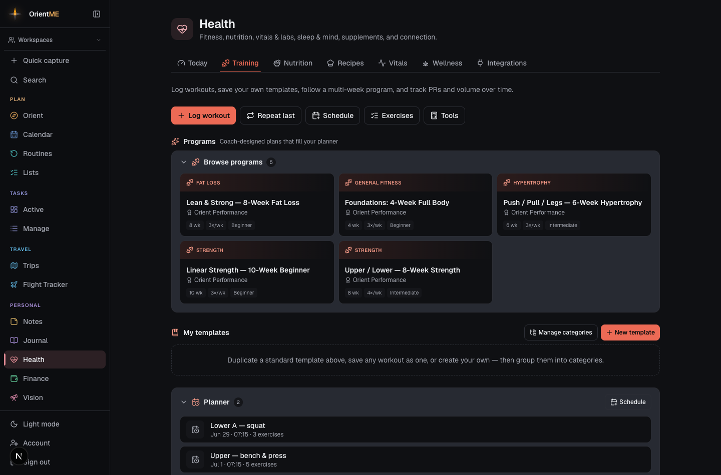 The Training tab — programs grid with Log workout and the Exercises library