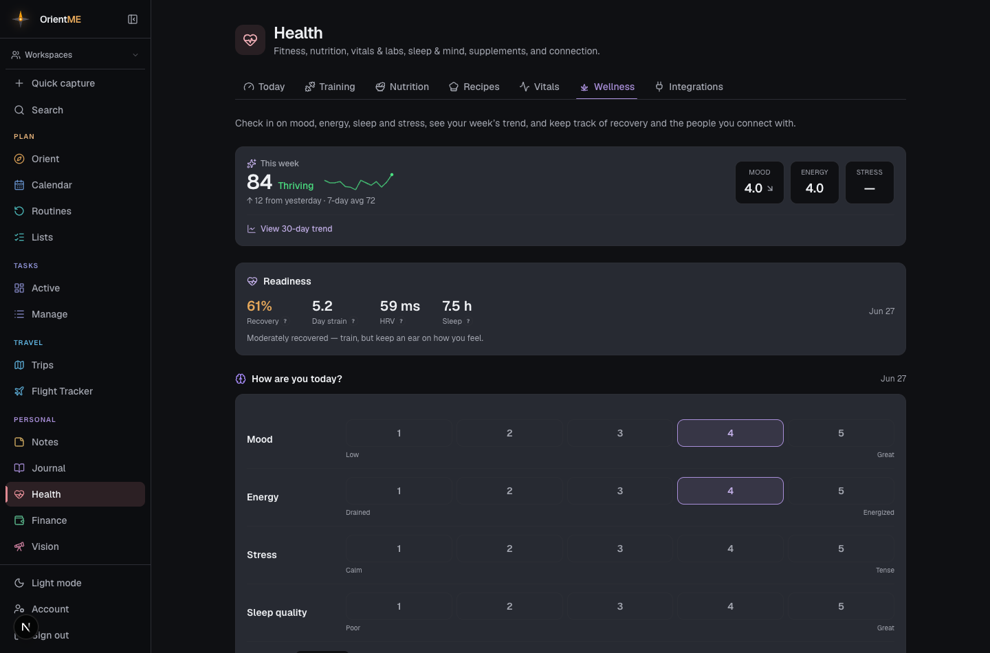 The Wellness tab with the meditation timer, chime picker and ambient-sound controls